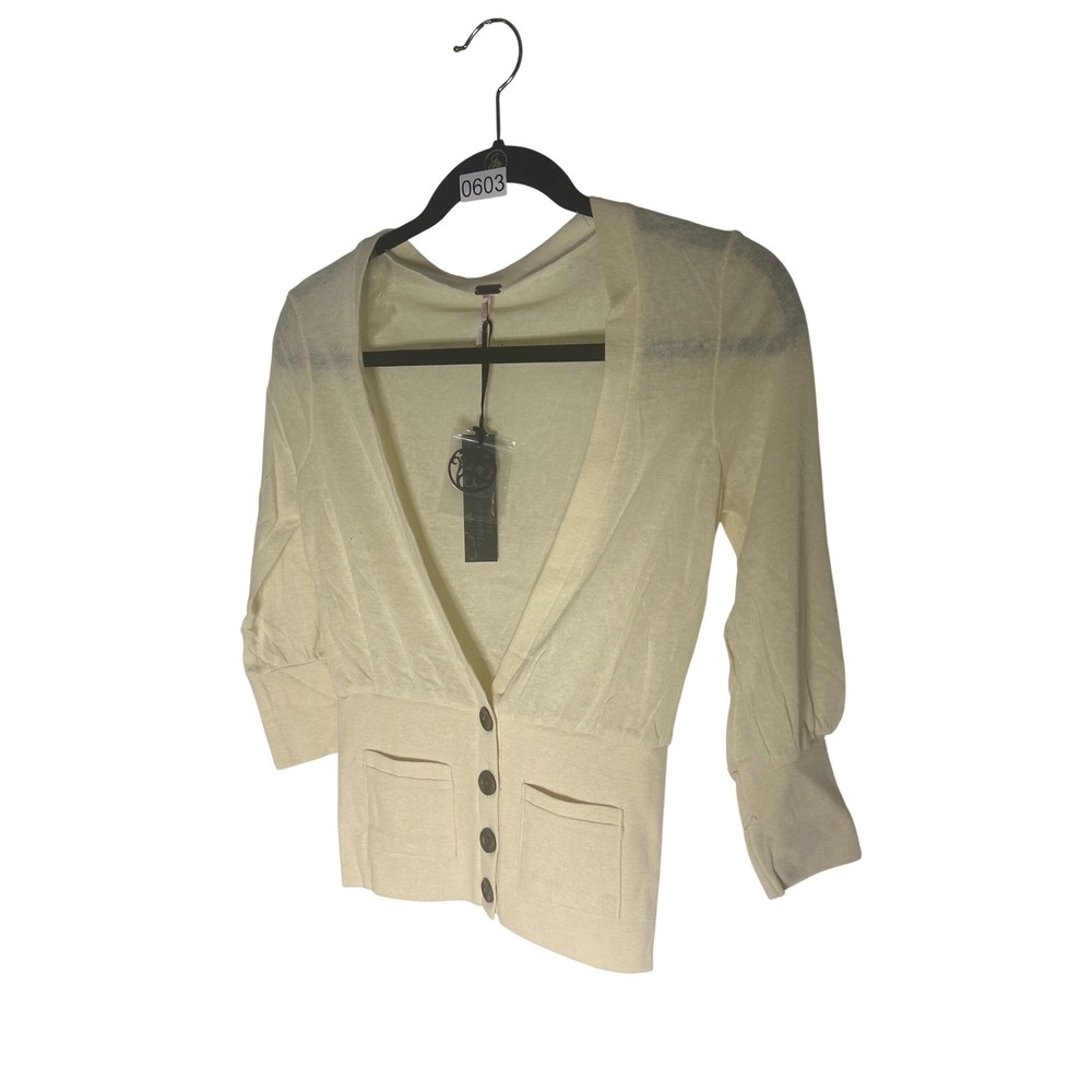 Poof Apparel Cream Ivory Cropped Cardigan Sweater 3/4 Sleeve Size M